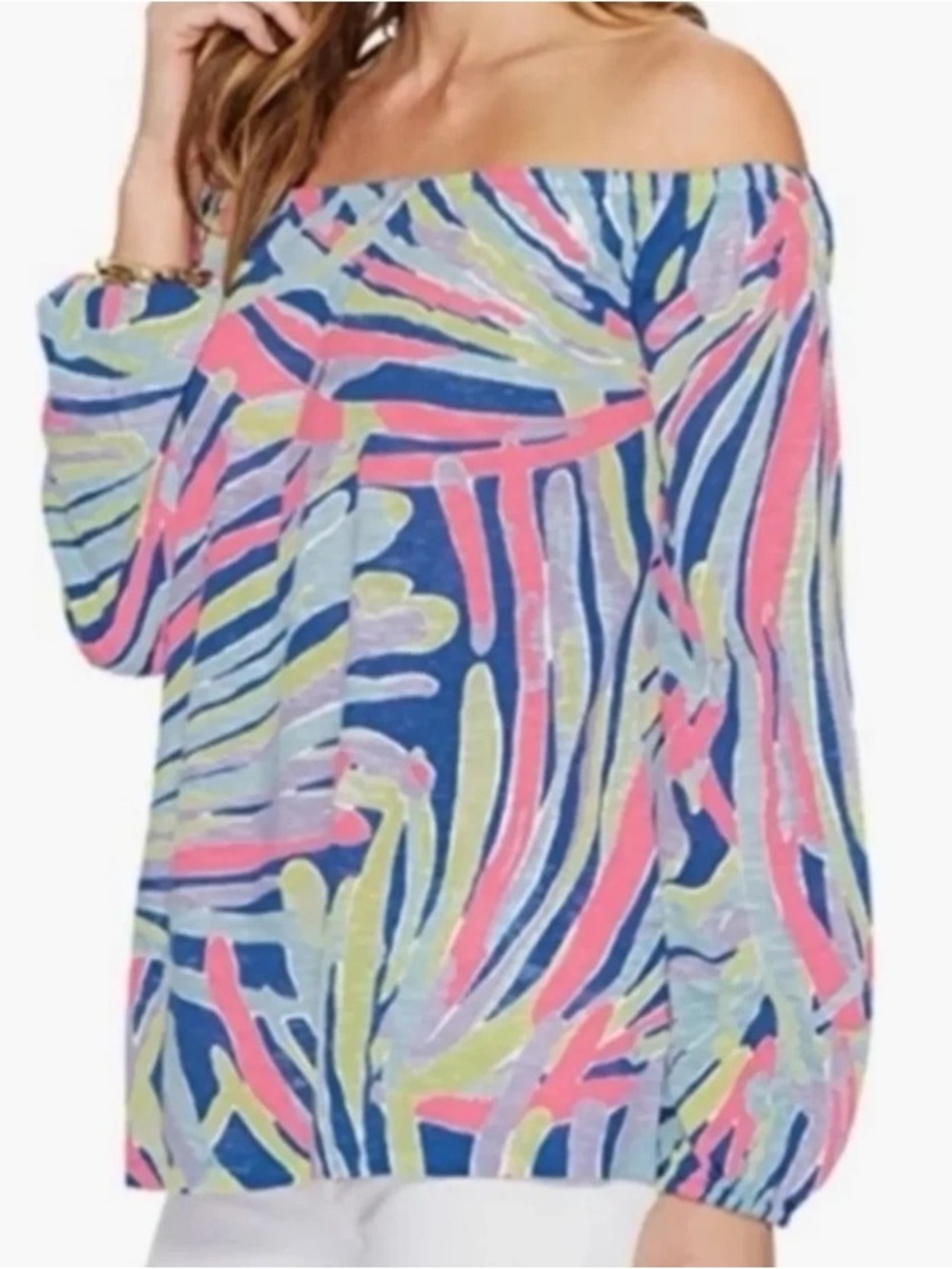 Lilly Pulitzer Enna Knit Off-The-Shoulder Top "Indigo Sea Dreamin" size XS